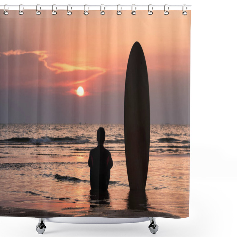 Personality  Surfer Man Sitting Alone On The Beach Looking Out To Sea With Surfboards In The Sunset After Surfing Shower Curtains