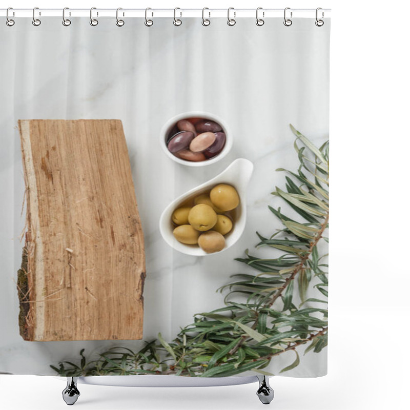 Personality  Top View Of Ingredients For Olive Oil Preparation And Log On Marble Table Shower Curtains