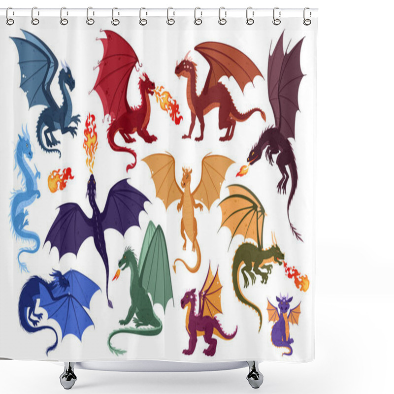 Personality  Cartoon Dragons Set. Flying Fantasy Reptiles, Winged Magic Fire Breathing Dragons Flat Vector Illustration Set. Fairy Dragon Monsters Collection Shower Curtains