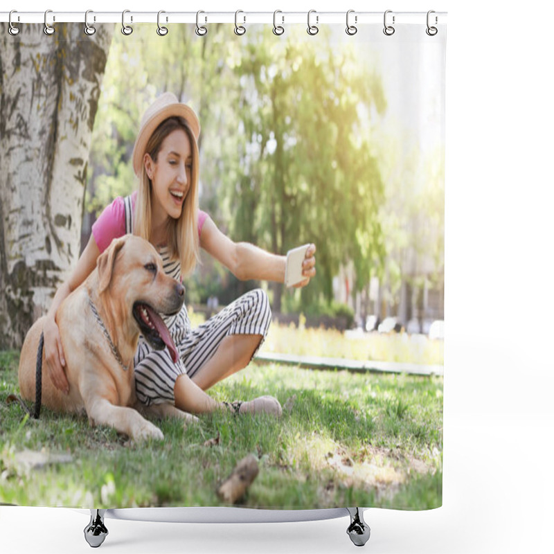 Personality  Young Woman Taking Selfie With Her Dog Outdoors. Pet Care Shower Curtains