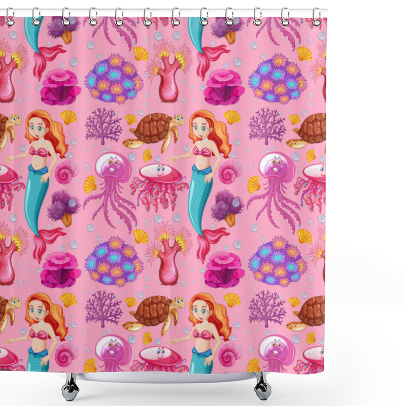 Personality  Seamless Mermaid And Sea Animal Cartoon Character On Pink Background Illustration Shower Curtains