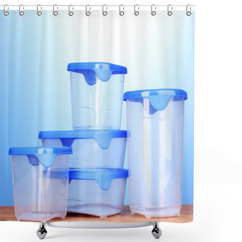 Personality  Plastic Containers For Food On Wooden Table On Blue Background Shower Curtains