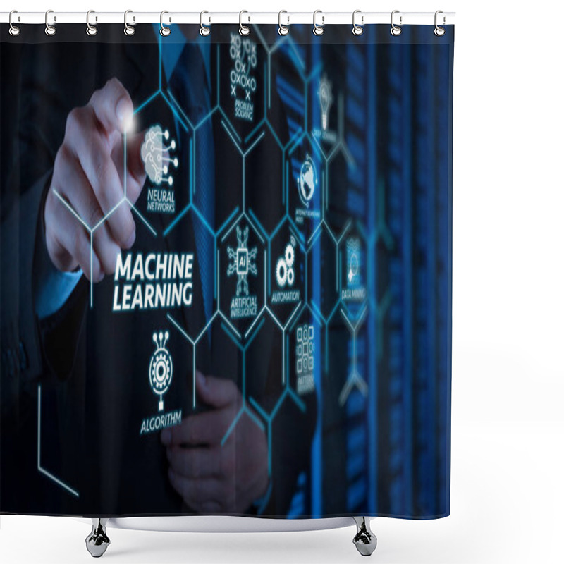 Personality  Machine Learning Technology Diagram With Artificial Intelligence (AI),neural Network,automation,data Mining In VR Screen.businessman Hand Pressing A Touchscreen Button On Server Background Shower Curtains