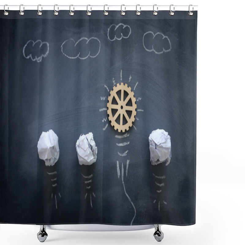 Personality  Education Concept Image. Creative Idea And Innovation. Wooden Gears Light Bulb Metaphor Over Blackboard Shower Curtains