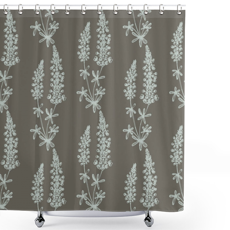 Personality  Purple Lupine Wildflower Seamless Vector Pattern. Simple Line Art Wild Flower Like Lavender In Light Blue Over A Grey Background.  Great For Home Decor, Fabric, Wallpaper, Gift-wrap, Stationery And Packaging Design Projects. Shower Curtains