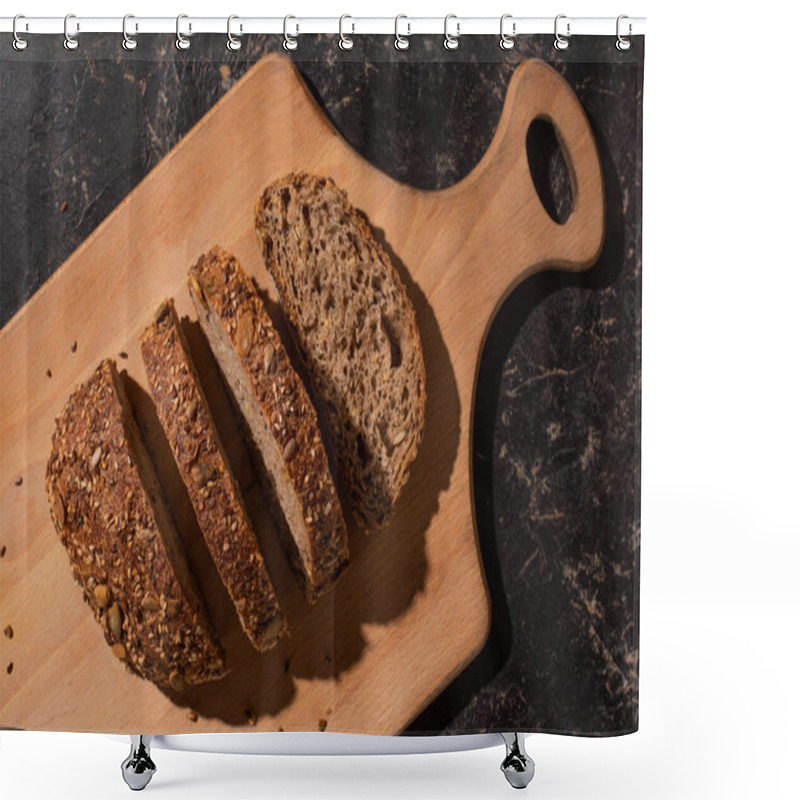 Personality  Top View Of Cut Whole Grain Bread On Cutting Board On Stone Black Surface Shower Curtains