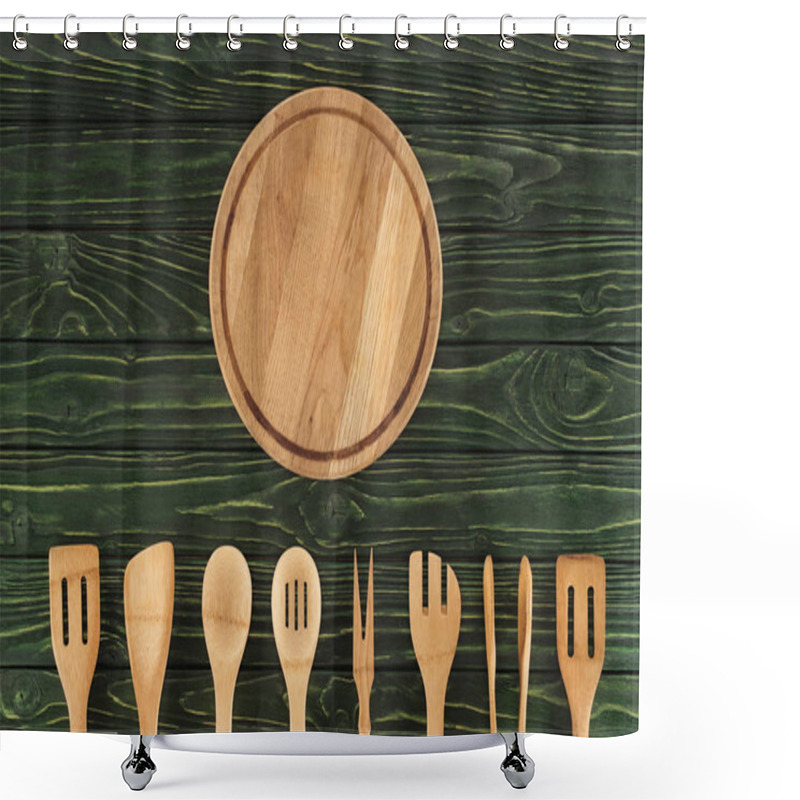 Personality  Top View Of Round Cutting Board And Kitchen Utensils Placed In Row On Wooden Table  Shower Curtains