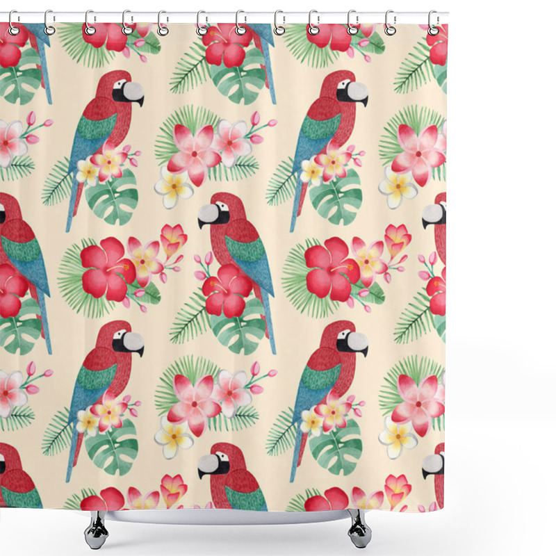 Personality  Watercolor Illustrations Of Parrots, Tropical Flowers And Leaves. Seamless Tropical Pattern Shower Curtains