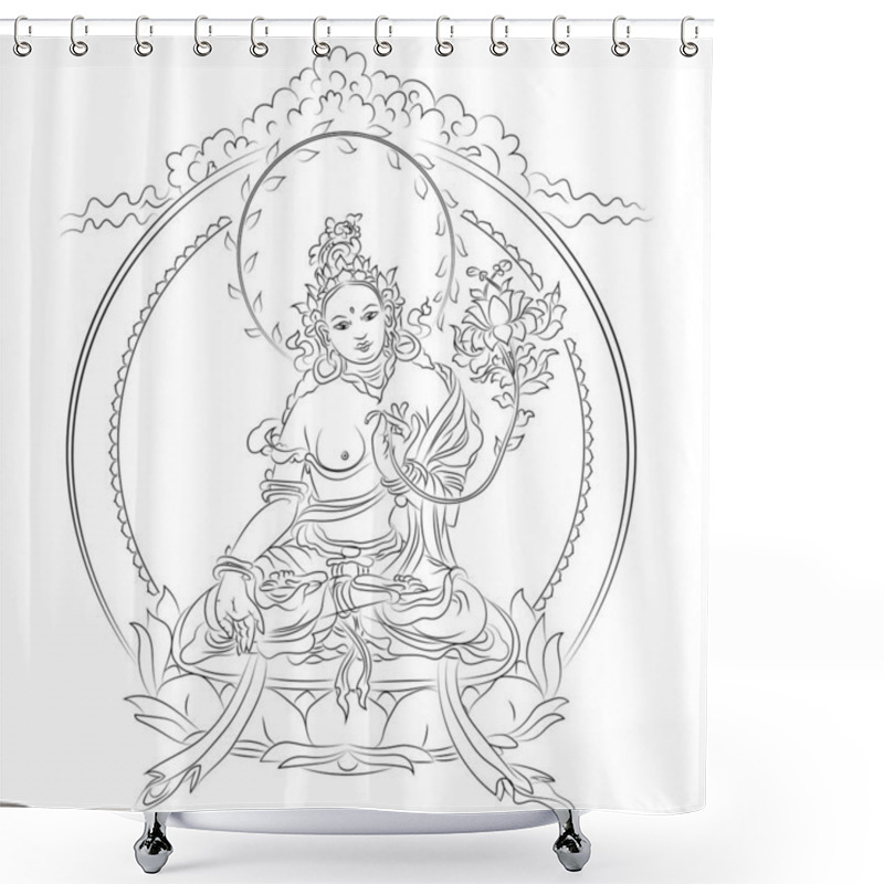 Personality  Tibetan Buddhism Icon Of White Tara Sitting On Lotus With Lotus In Hands Outline Black Vector Illustration Shower Curtains