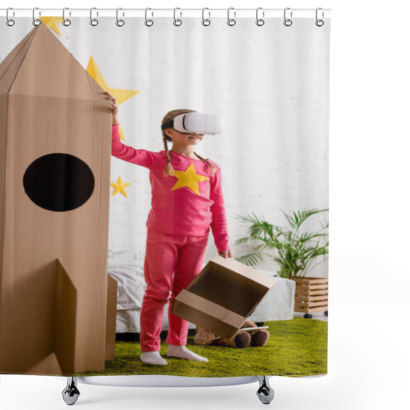 Personality  Kid In Vr Headset Holding Cardboard Helmet And Touching Big Rocket In Bedroom Shower Curtains