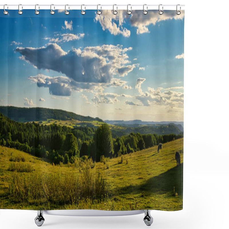 Personality  A Sunny Day In Saarland With A View Over Meadows Into The Valley. Some Sunny Clouds In The Sky And Cows Grazing. A Moment To Linger, Rest And Enjoy Nature Shower Curtains