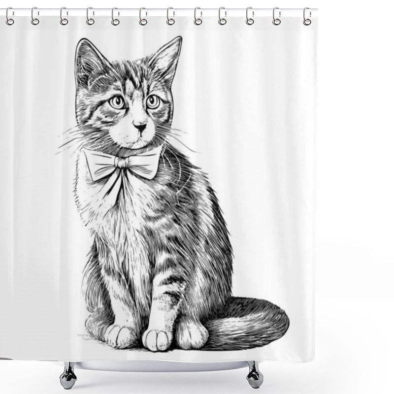 Personality  Kitten In Bow Tie Sitting Hand Drawn Sketch Pets Vector Illustration. Shower Curtains