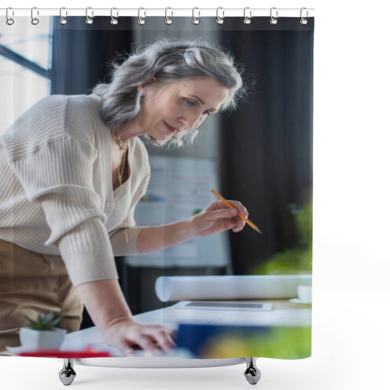 Personality  Mature Businesswoman Holding Pencil Near Blueprint And Digital Tablet In Office  Shower Curtains