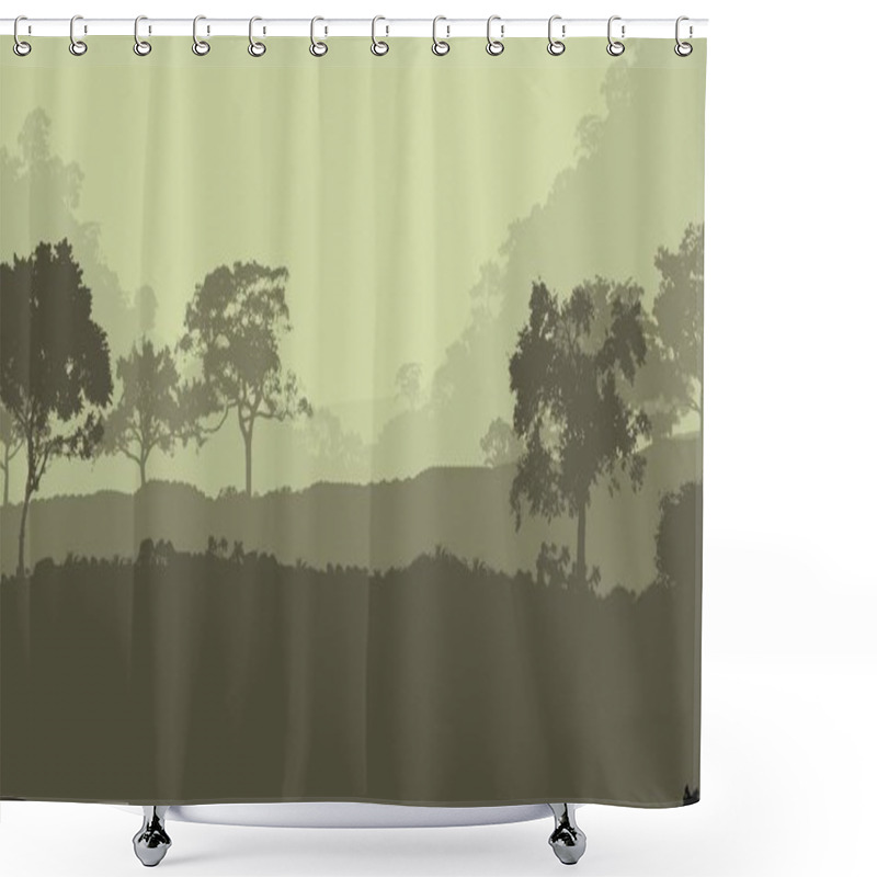 Personality  Abstract Silhouetted Background With Foggy Forest Trees Shower Curtains