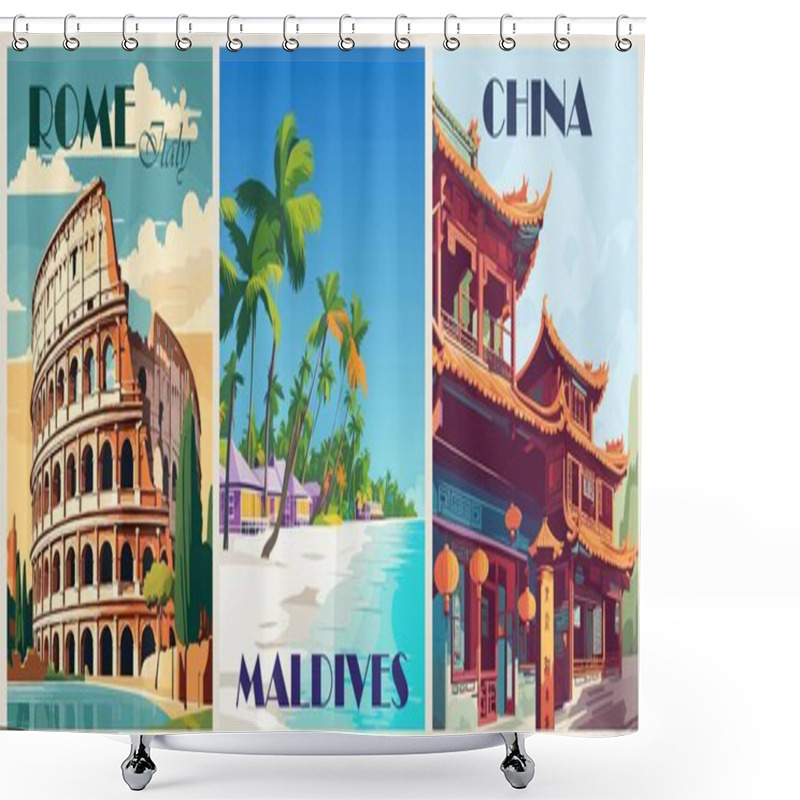 Personality  Set Of Travel Destination Posters In Retro Style Featuring Rome, Italys Colosseum, A China Old Temple, And A Maldives Ocean Beach With Palm Trees And Bungalows. Vintage Colorful Vector Illustrations. Shower Curtains