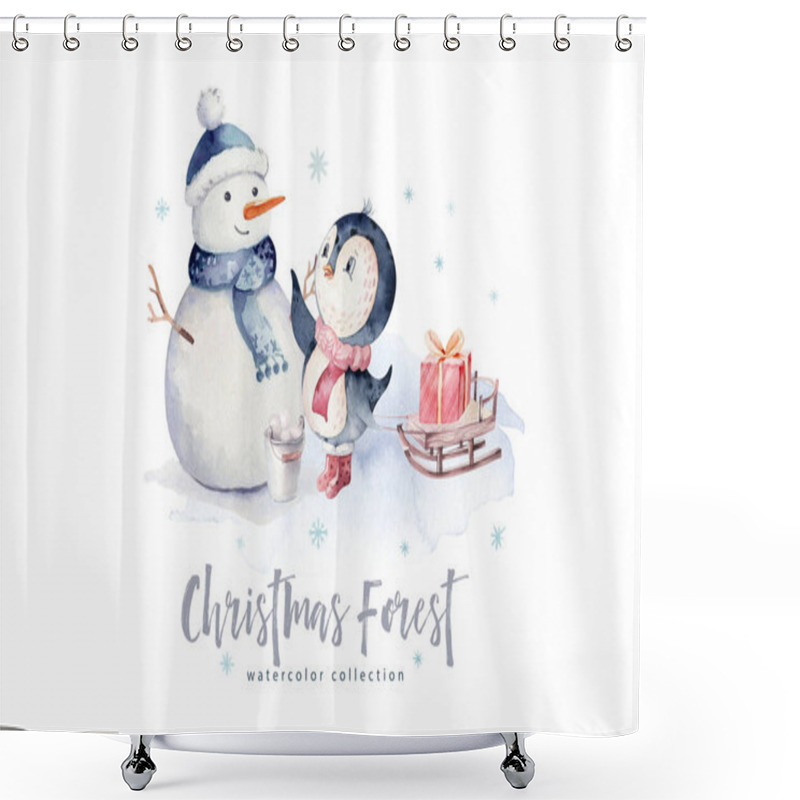 Personality  Watercolor Merry Christmas Character Penguin And Snowman Illustration. Winter Holidays Cartoon Isolated Cute Funny Animal Design Card. Snow Holiday Season Xmas Penguins. Shower Curtains