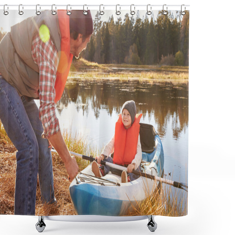 Personality  Father Preparing Launch For Son In Kayak Shower Curtains