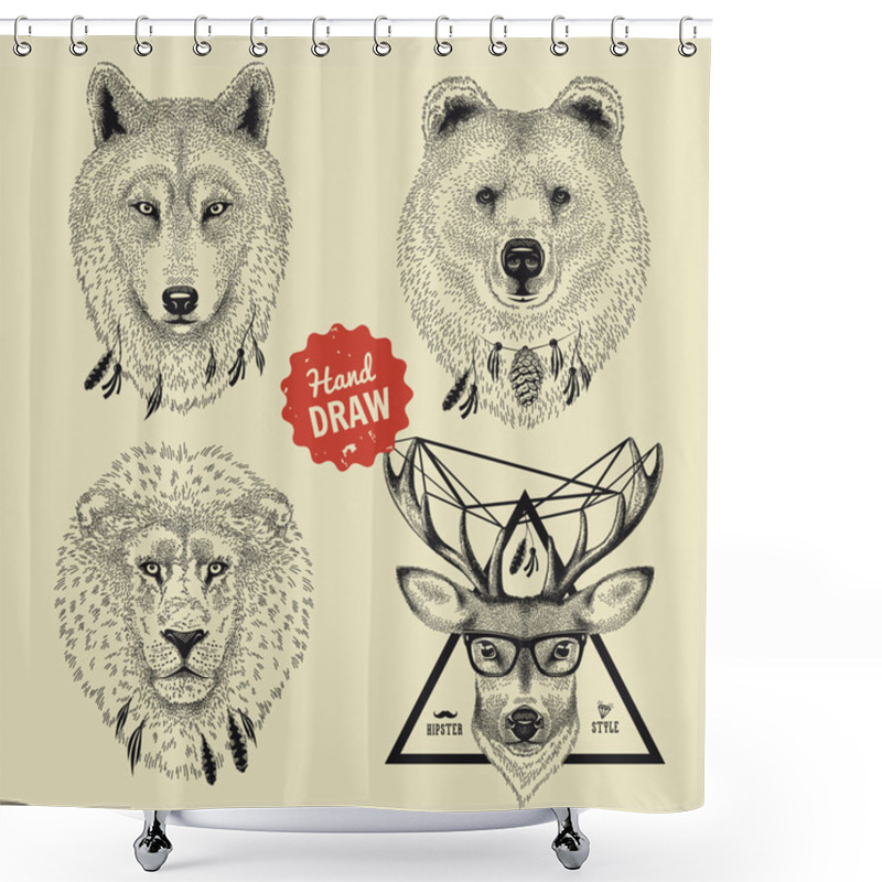 Personality  Vector Sketch Of Wild Animal Heads Bear, Wolf, Lion, Deer In Hipster Style Shower Curtains