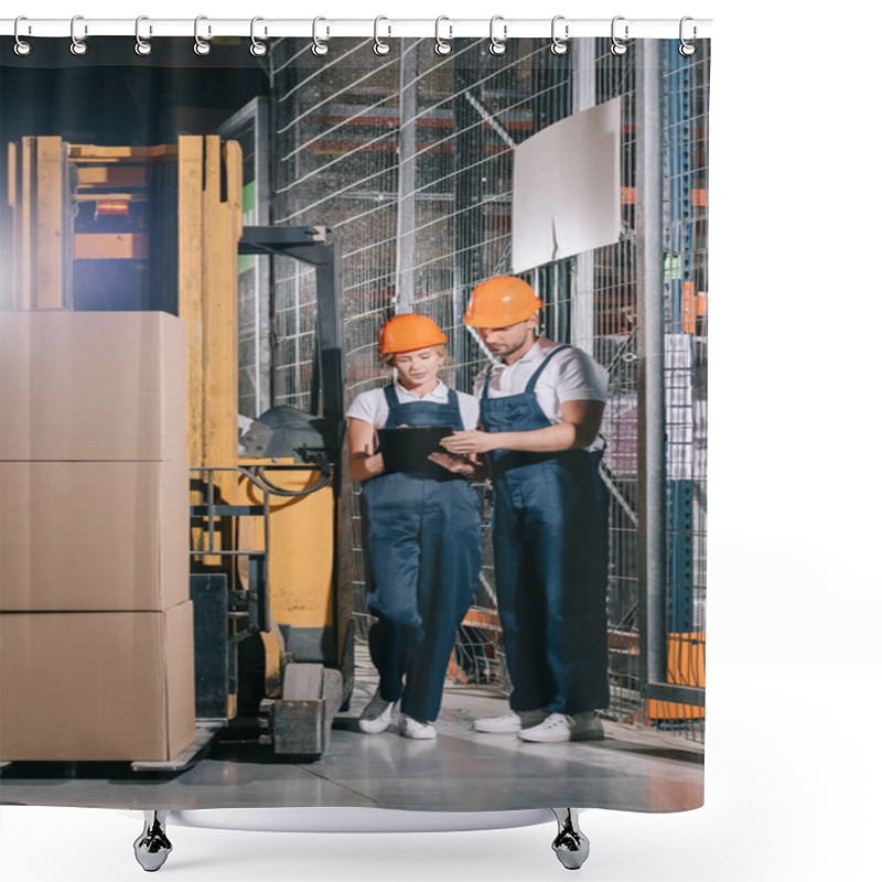 Personality  Two Warehouse Workers Looking At Clipboard While Standing Near Forklift Loader Shower Curtains