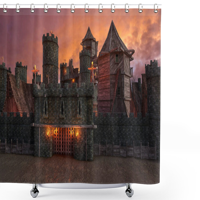 Personality  3D Illustration Of A Medieval Castle In The Evening With Lit Torches At The Gate. Shower Curtains