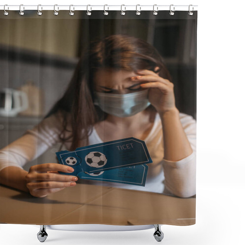 Personality  Frustrated Woman In Medical Mask Holding Sport Match Tickets At Home Shower Curtains