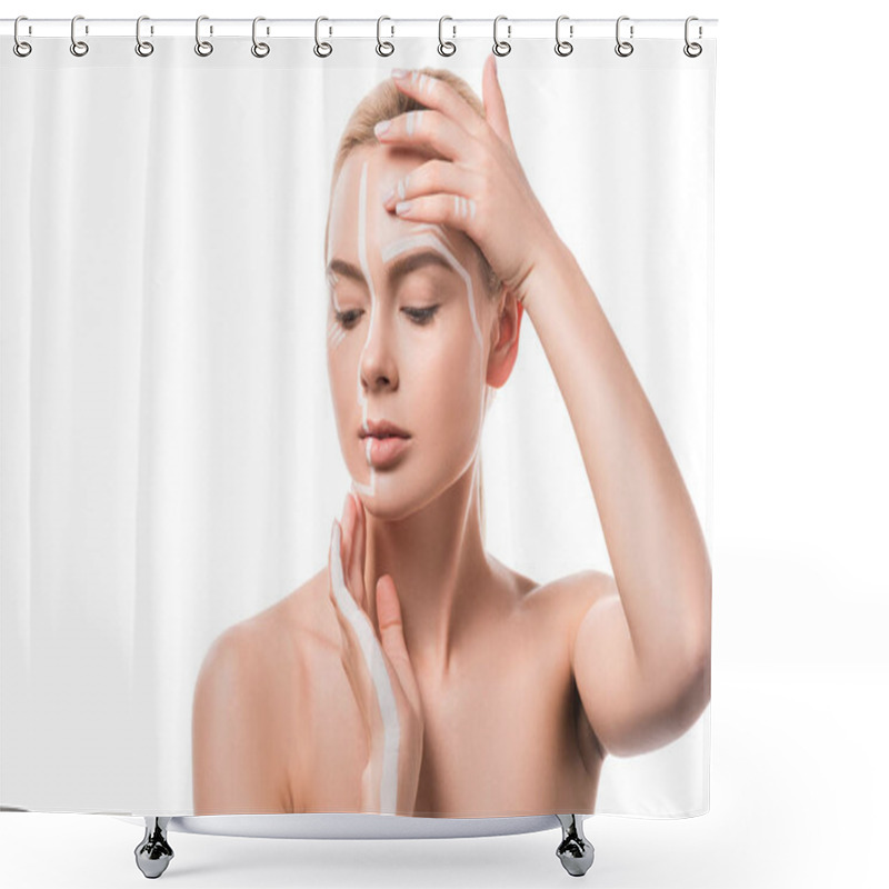 Personality  Beautiful Woman With White Lines On Face Touching Head With Hands Isolated On White Shower Curtains