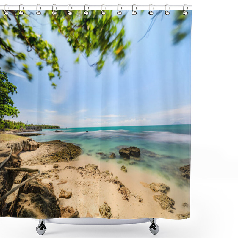 Personality  Long Exposure Of Waves On A Sandy Beach. Crystal Clear Waters On A Bright Sunny Day. Shower Curtains