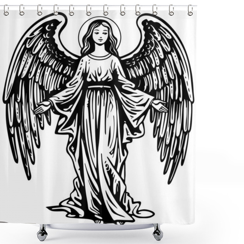 Personality  Woodcut Style Illustration Of Beautiful Angel Greeting You With Open Arms On White Background. Shower Curtains