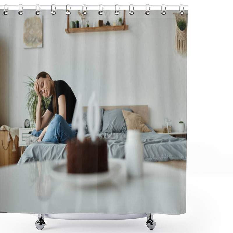 Personality  Middle-aged Woman Sitting With Cake On Bed, Lost In Thought. Shower Curtains