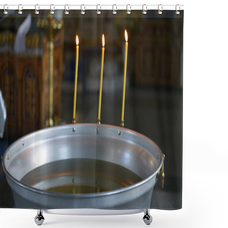 Personality  Holy Water Font For The Baptism Of Children. The Rite Of Initiation Into The Faith In The Christian Temple. Church Services - Liturgy Of The Baptism Of Children. Christian Religious Ceremony. Shower Curtains