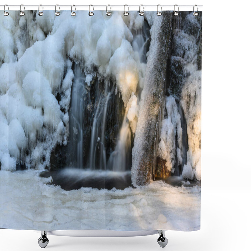 Personality  Beautiful Frozen Waterfall In The Winter. Frozen Water An Ice Everywhere. Icy Wood Log And Rocks. Light Rays Shining Through The Woods Shower Curtains