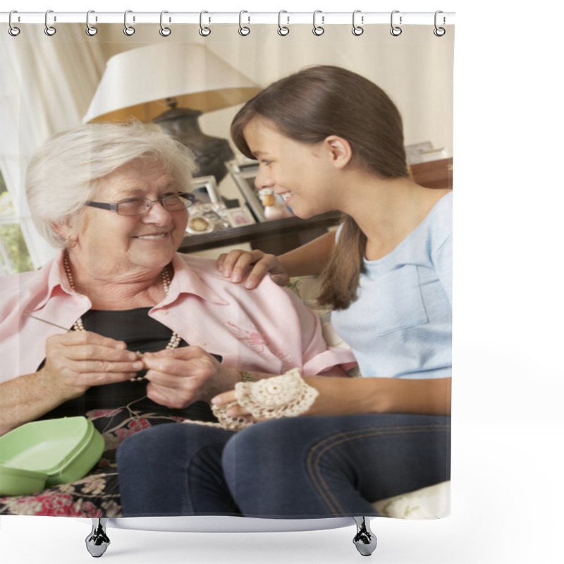 Personality  Grandmother Showing Granddaughter How To Crochet  Shower Curtains