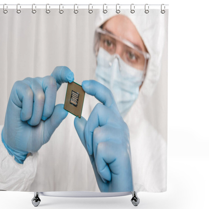 Personality  Selective Focus Of Microchip In Hands Of Scientist Wearing Latex Gloves Isolated On Grey Shower Curtains