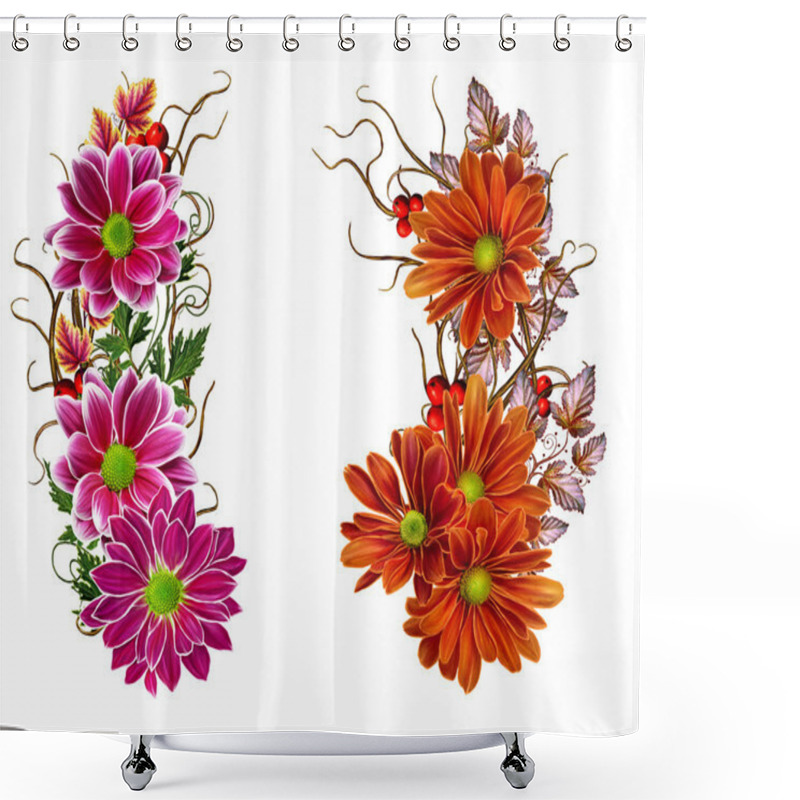 Personality  Autumn Background. Isolated. Weaving Thin Branches, Bright Autumn Leaves And Berries. Orange And Red Chrysanthemum Flowers. Shower Curtains