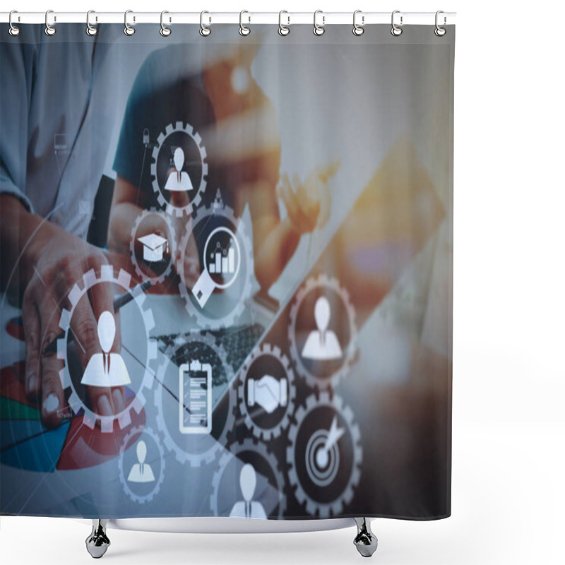 Personality  Businessman Working With Mobile Phone And Digital Tablet And Lap Shower Curtains