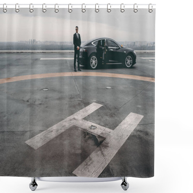 Personality  Bodyguard Standing Close To Businessman Car On Helipad Shower Curtains