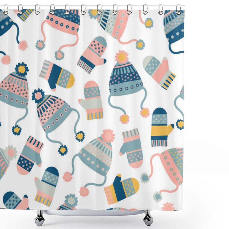 Personality  Seamless Vector Background With Hats And Mittens. Pattern Tile With Knitted Winter Clothes In Pink And Blue. Winter Wear Design, Flat Scandinavian Style. Use For Paper, Banner, Cards, Poster, Fabric Shower Curtains