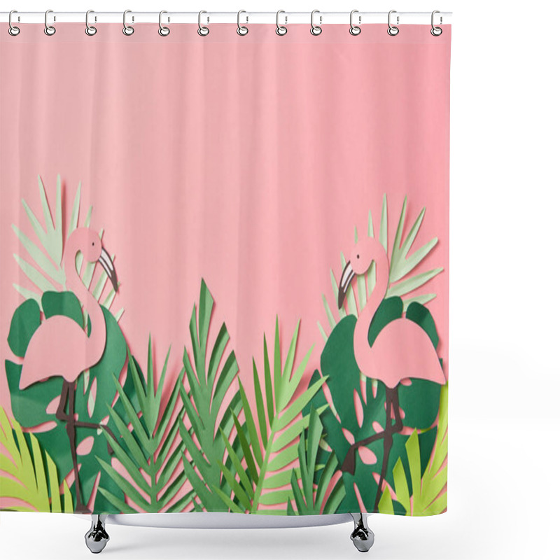 Personality  Top View Of Paper Cut Flamingos On Green Palm Leaves On Pink Background With Copy Space Shower Curtains