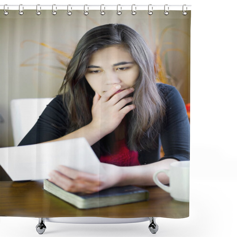 Personality  Teenage Girl Or Young Woman Reading A Note, Worried Expression Shower Curtains