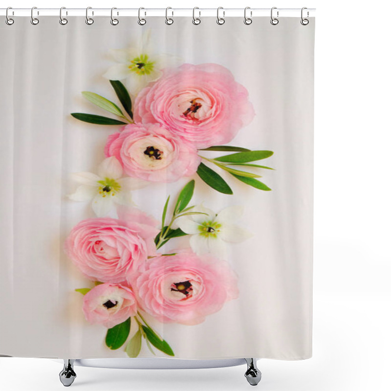 Personality  Studio Shot Of Beautiful Bouquet Of Pale Pink Ranunculus Flowers With Visible Petal Texture. Close Up Composition With Bright Patterns Of Flower Buds. Top View, Isolated, Copy Space. Shower Curtains