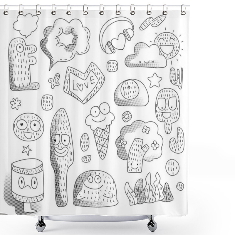 Personality  A Collection Of Cute Abstract Characters And Objects With Halftone Effect, Including Doodle Faces, Clouds, Hearts, And Playful Shapes For Creative Projects Shower Curtains