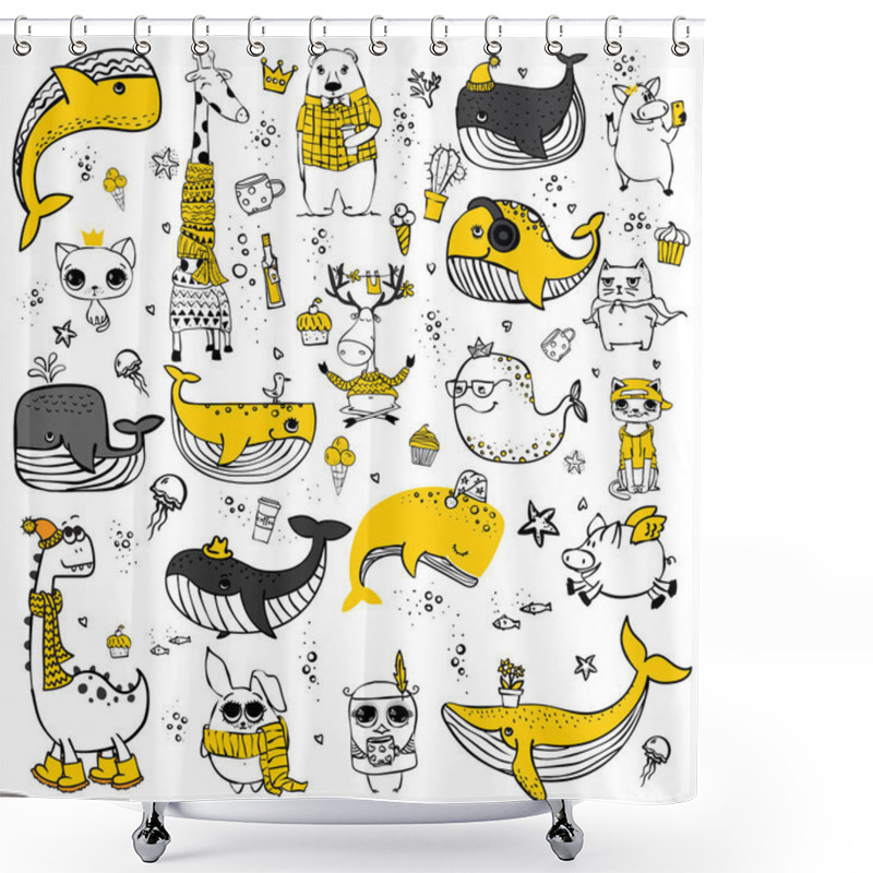 Personality  Vector Set Of Cute Doodle Hipster Animals. Perfect For Greeting Cards Design, T-shirt Prints And Kid's Posters. Shower Curtains