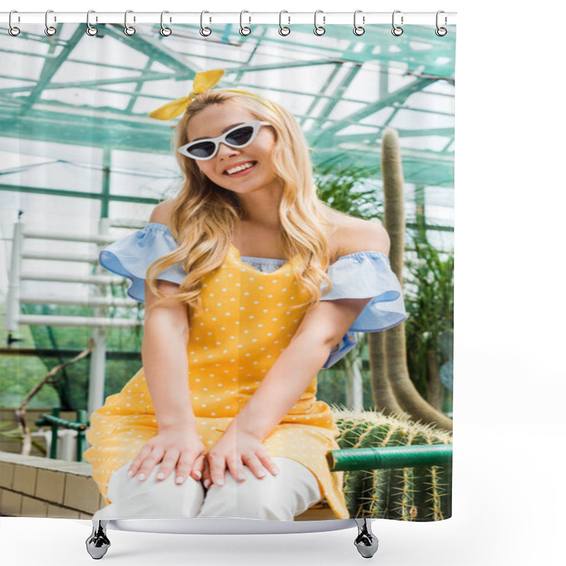 Personality  Beautiful Blonde Girl In Sunglasses And Apron Smiling At Camera While Sitting In Greenhouse  Shower Curtains