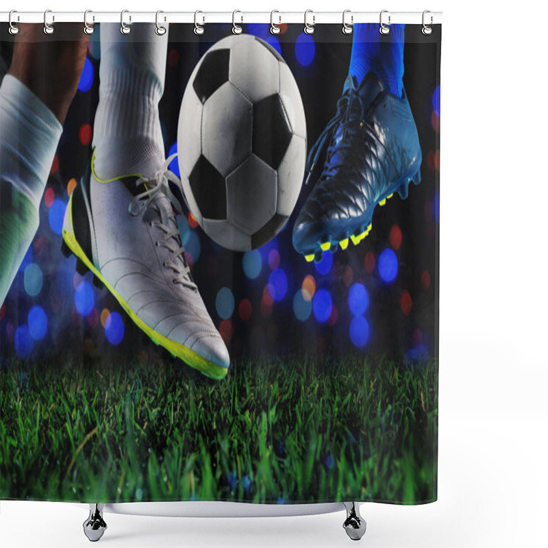 Personality  Football Players With Soccerball At The Illuminated Stadium During The Match Shower Curtains