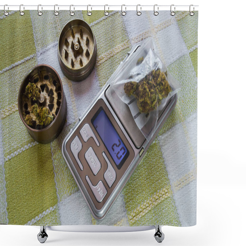 Personality  Small Digital Weighing Machine Of Precision With A Plastic Bag With Two Grams Of Marijuana And Grinder With Buds. Concept Of Selling Drugs, Weighing. Shower Curtains