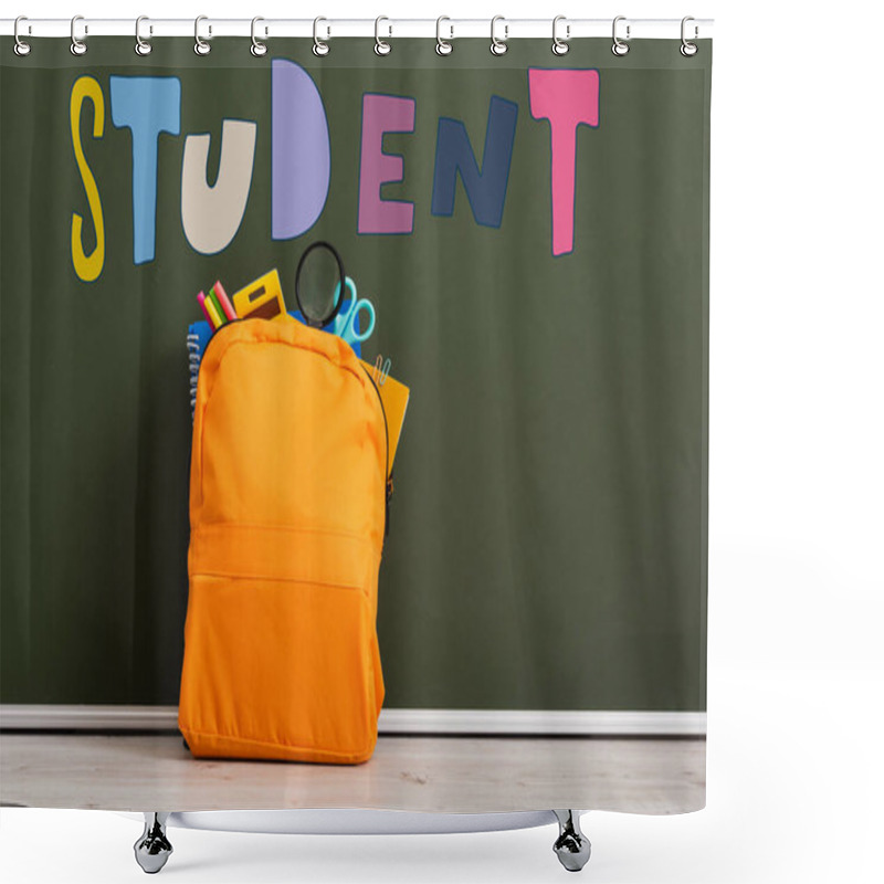 Personality  Yellow Backpack Full Of School Stationery Near Green Chalkboard With Student Lettering  Shower Curtains