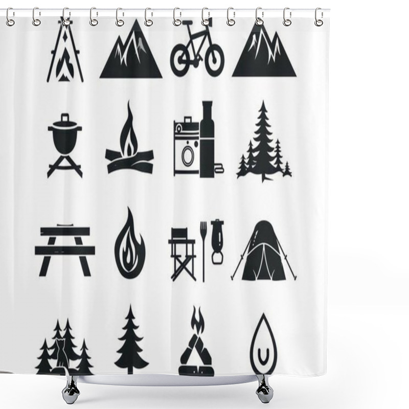 Personality  A Collection Of Outdoor Icons, Showcasing Camping, Biking, And Nature Elements In Black Silhouettes. Shower Curtains