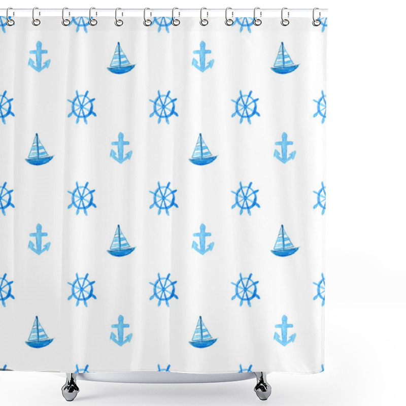 Personality  Seamless Nautical Pattern With Ship, Anchor And Wheel. Blue Vector Repeating Texture. Background For Greeting Cards, Invitations, Kids Party Decorations Shower Curtains