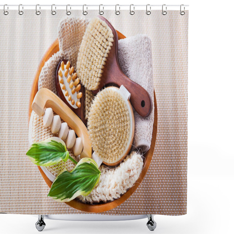 Personality  Top View Of Wooden Brushes For Dry Body Massage On Towel With Green Leaves. Shower Curtains