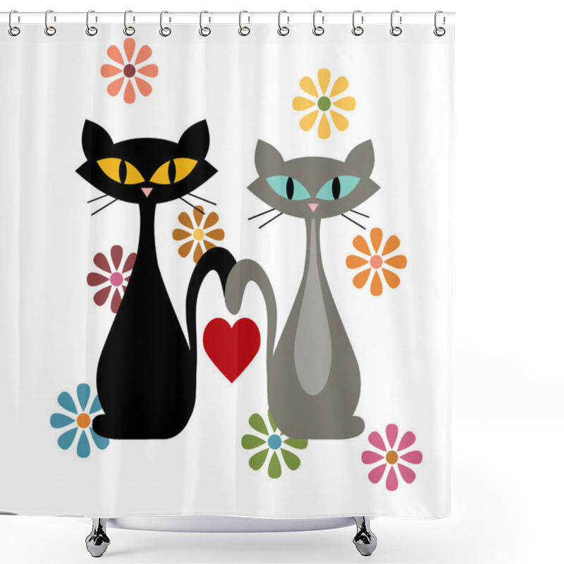 Personality  Colorful Abstract Mid Century Style Illustration With Black Cat, Grey Cat, Red Heart  And Colorful Flowers Decoration On White Background Shower Curtains